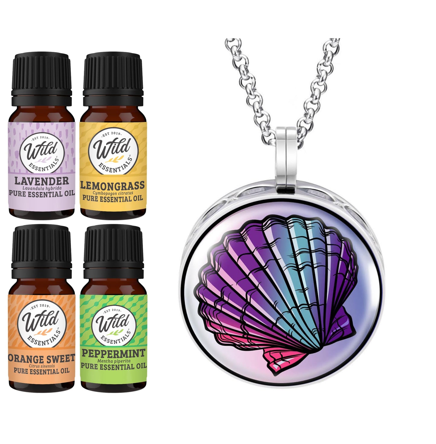 Wild Essentials Seashell Necklace Essential Oil Diffuser Kit with Lavender, Lemongrass, Peppermint, Orange Oils, 8 Refill Pads, Calming Aromatherapy Gift Set, Customizable, Perfume