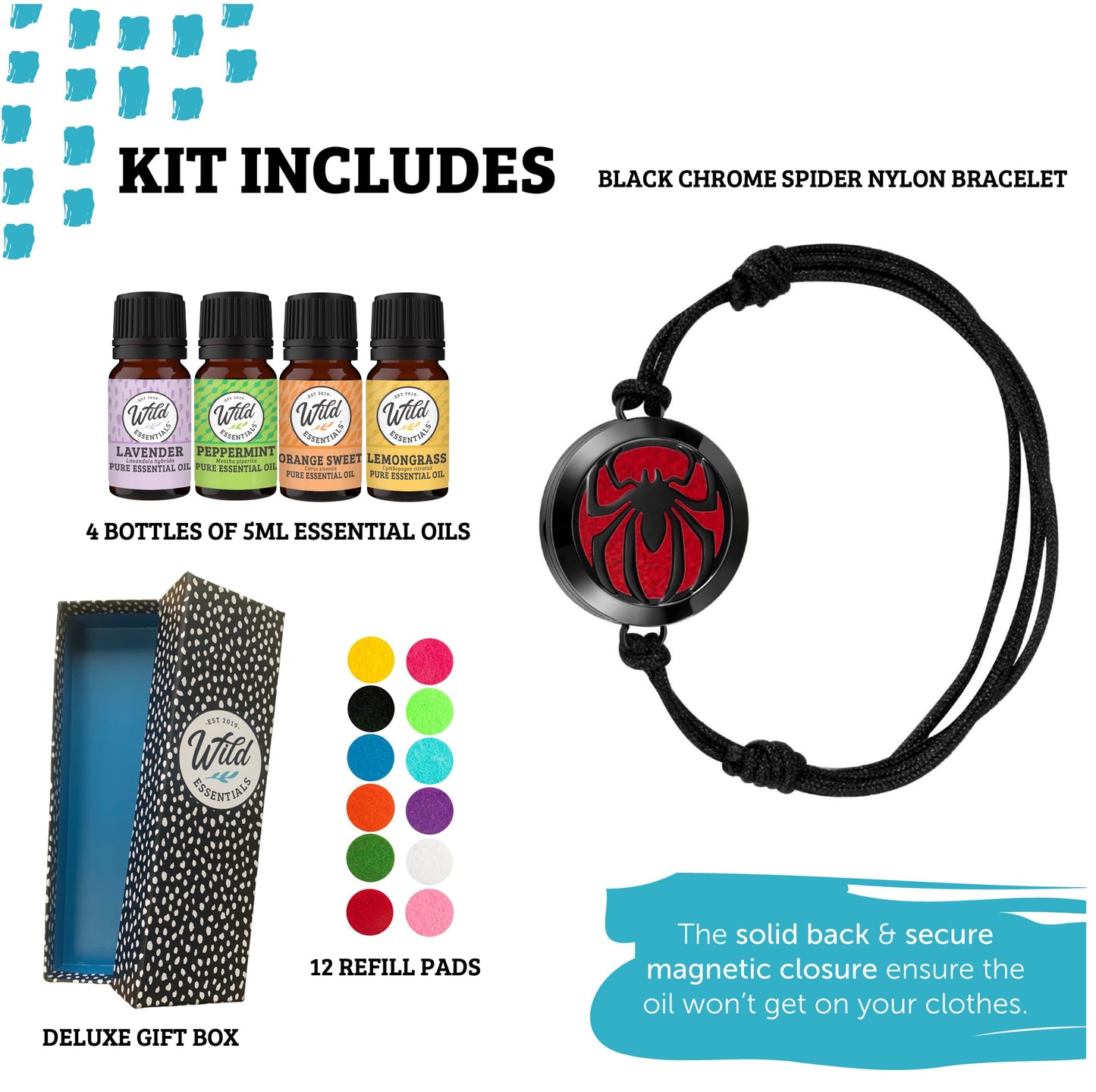 Wild Essentials Spider Essential Oil Bracelet Diffuser Gift Set, Pendant, Nylon Band, 12 Pads, Lavender, Lemongrass, Orange, Peppermint Oils, Customize Color Changing Perfume Jewelry, Aromatherapy