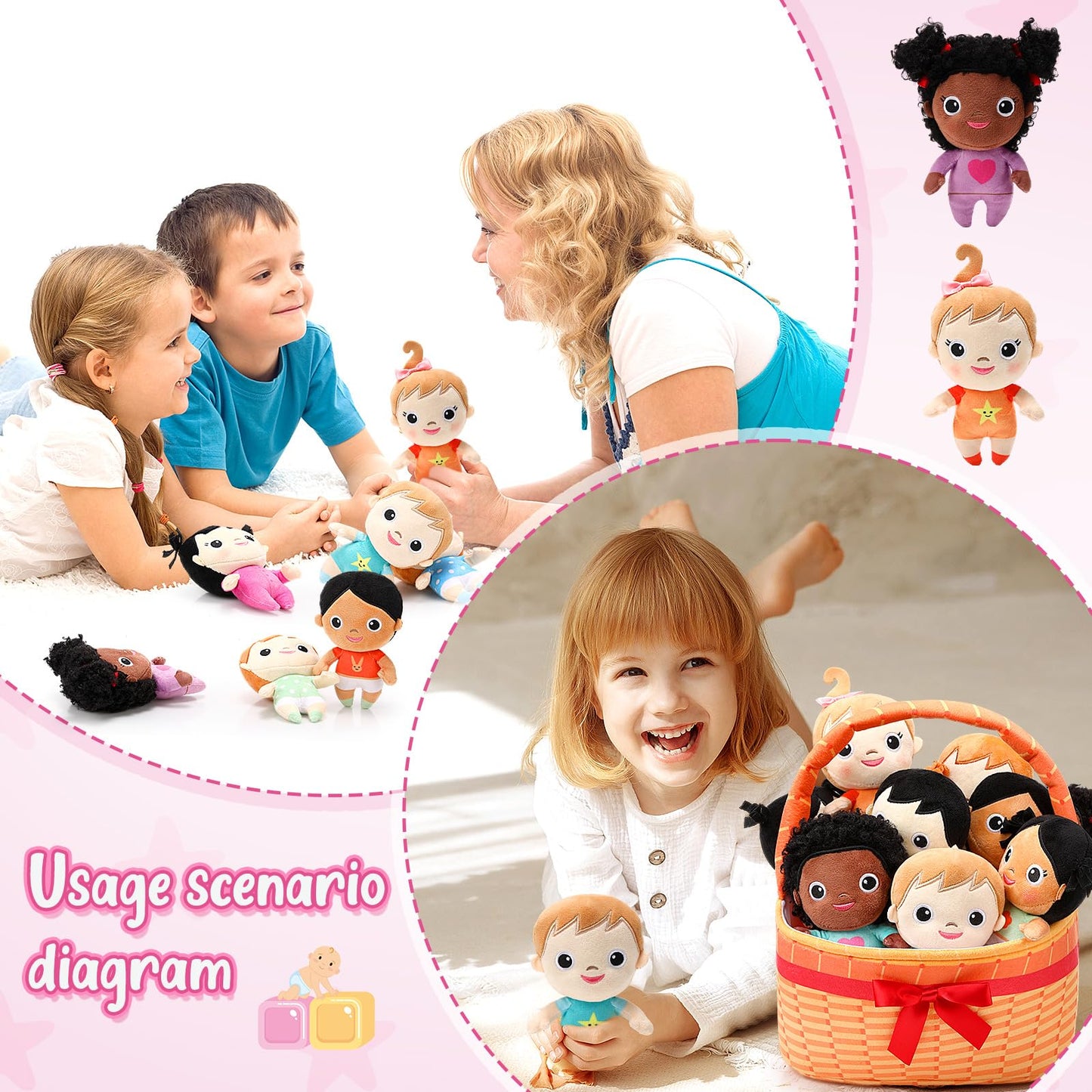 HyDren 10 Pcs Multicultural Plush Dolls with Basket, Diverse Soft Stuffed Dolls for Kids, Inclusive Toys for Preschool Classroom Daycare, Cultural Awareness Gift Set for Boys Girls