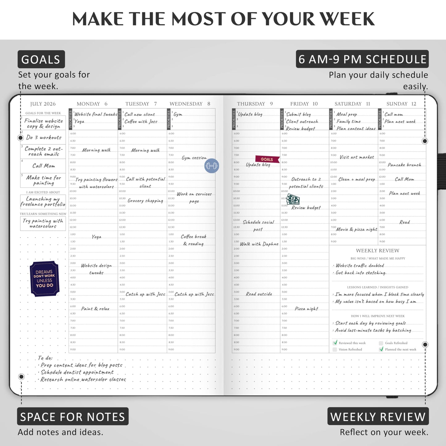 Legend Dated Hourly Weekly Planner 2026 – Daily, Monthly & Yearly Agenda with Time Slots – Hardcover Organizer Journal, 5.8x8.3” (Black)