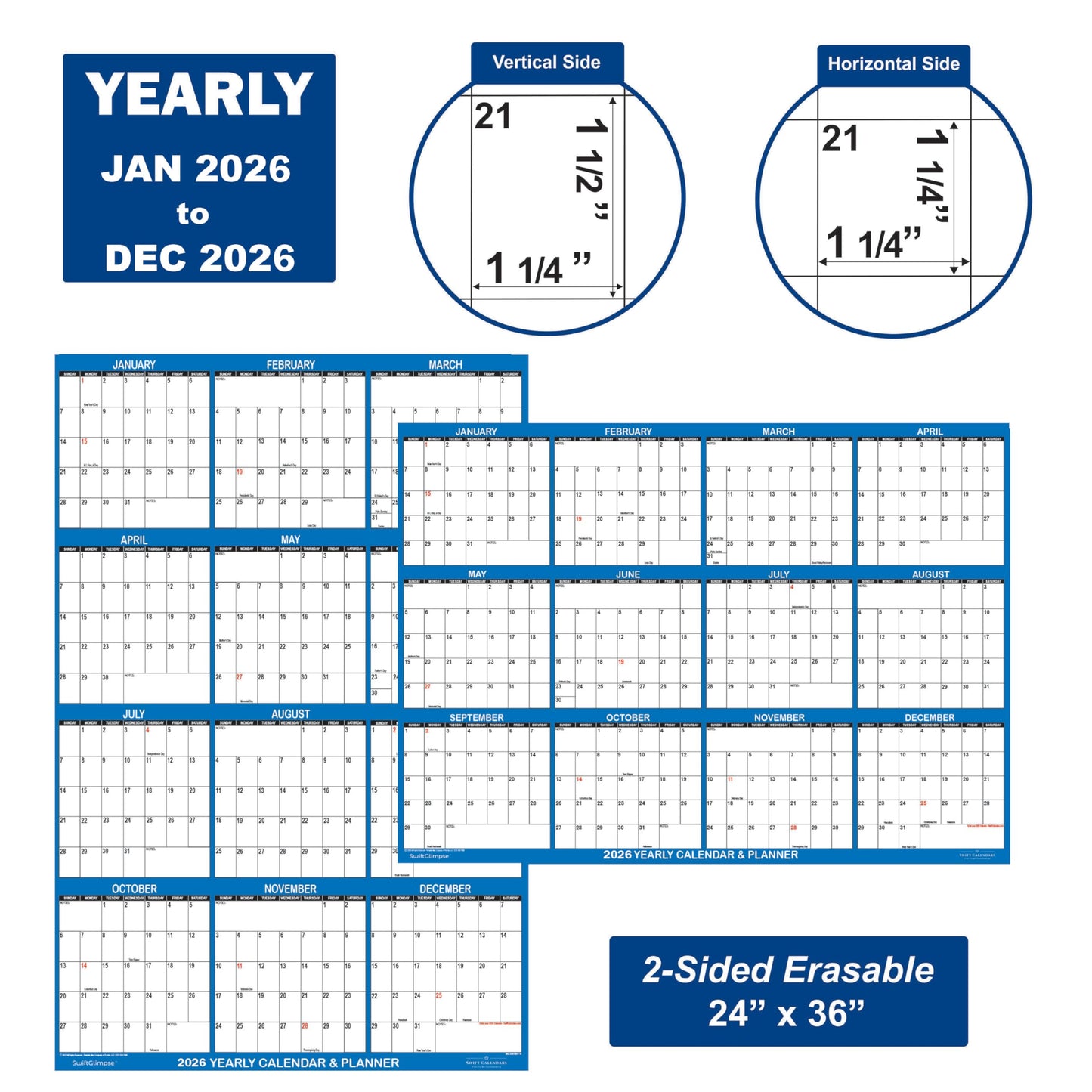 24" x 36" SwiftGlimpse 2026 Wall Calendar Erasable Large Wet & Dry Erase Laminated 12 Month Annual Yearly Wall Planner, Reversible, Horizontal/Vertical, Navy