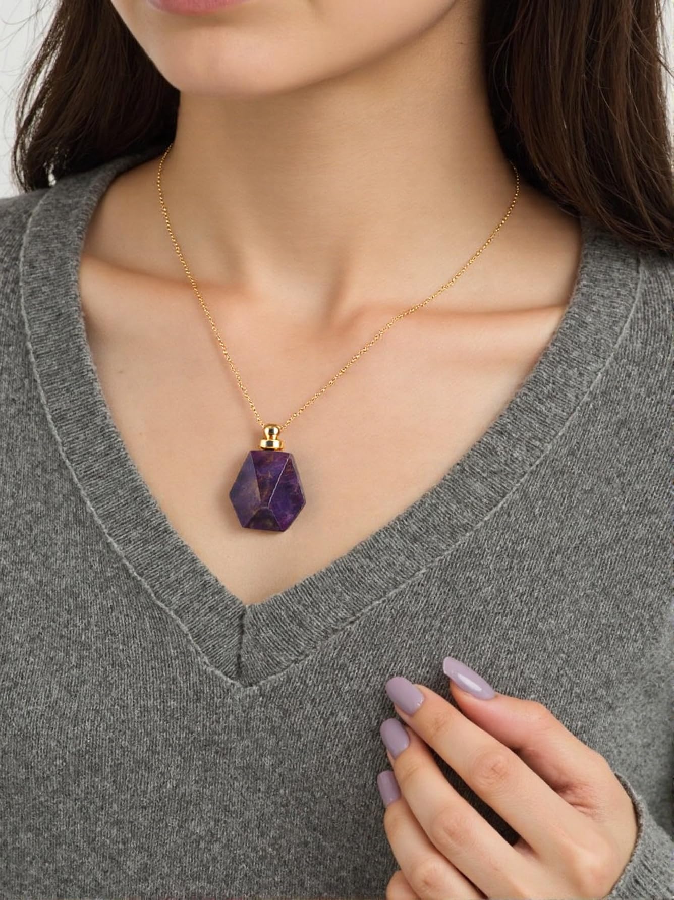YGLINE Amethyst Crystal Necklace Gemstone Perfume Bottle Necklace Diffuser for Women(Amethyst)