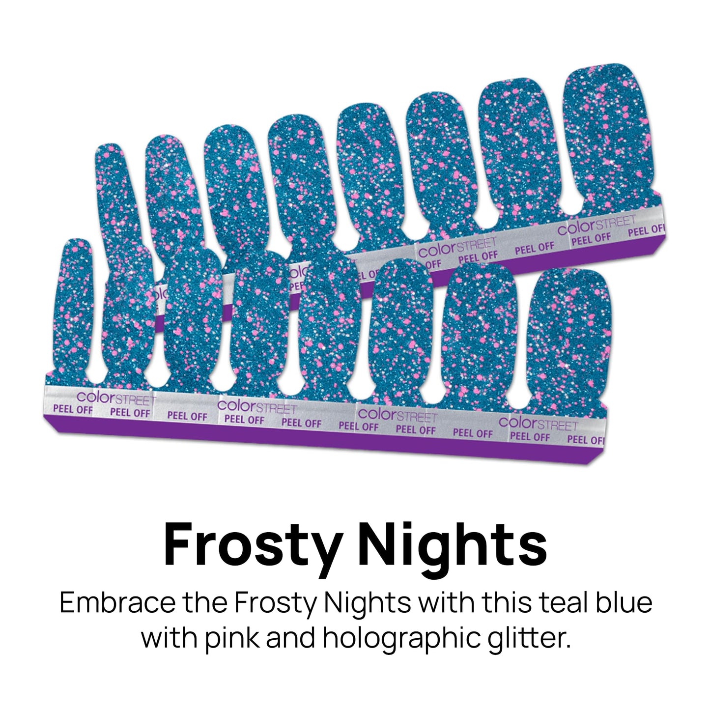 Color Street - Frosty Nights - Blue Glitter Nails with Pink Sparkle, Real Nail Polish Strips, Festive Holiday Christmas Manicure - 16 Double-Ended Strips