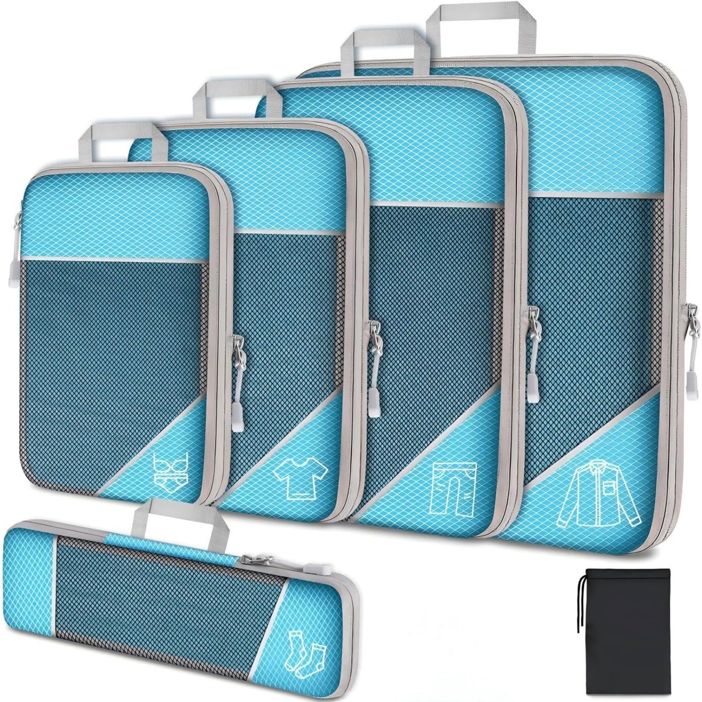 6Pcs Compression Packing Cubes Set, Waterproof Travel Luggage Organizer with Drawstring Bag, Lightweight Nylon Suitcase Storage Bags for Travel Camping Business Trip