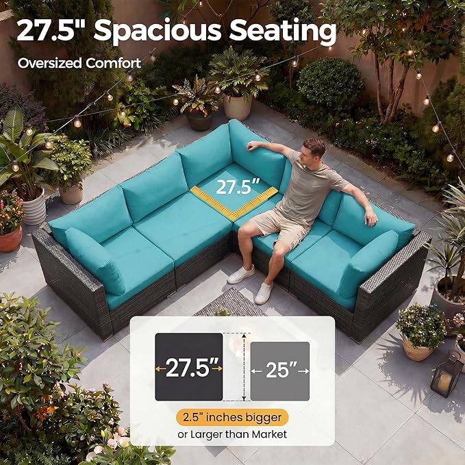 NICESOUL Extra-Large 9 Pcs Outdoor Patio Furniture Set with Fire Pit Table Natural Gas/Propane, 29.3'' High Back Deep Wide Modular Sofa Conversations with Fireplaces, 2 Color Cushion Teal Blue & Grey