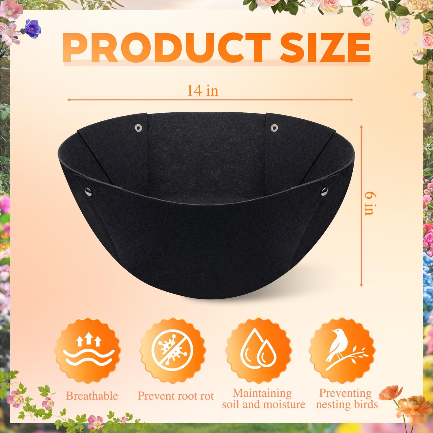 BreezeHug 6 Pack 14 Inch Hanging Basket Liners, Black Non Woven Planter Liners Replacement for Coconut Coir, Breathable Felt Round Pot Inserts with Snap Buttons Bird-Proof for Outdoor Garden