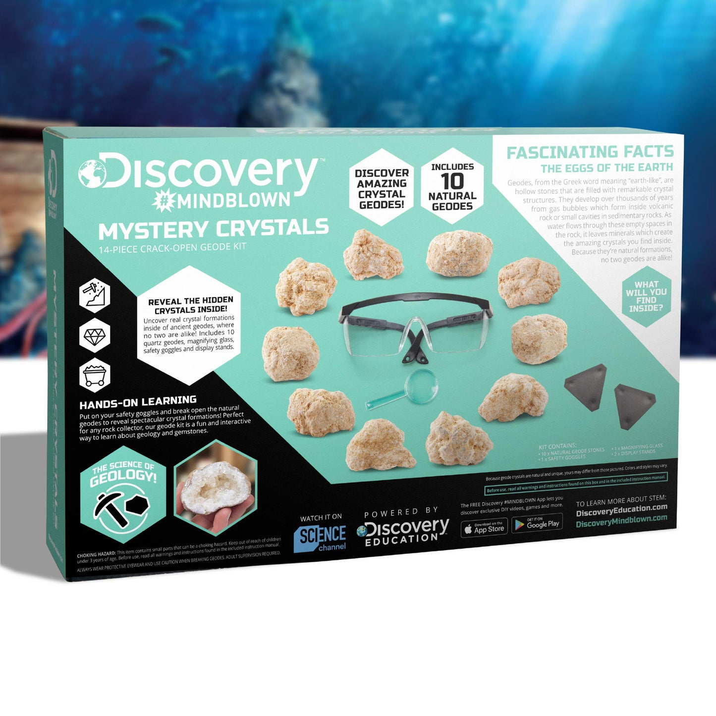 Discovery™ Crack-Open Geode Kit – Mystery Crystal STEM Science Set | 10 Natural Quartz Geodes | Kids Goggles, Magnifying Glass & Display Stands | Rock Dig Activity Toy| Educational Experiment Gift