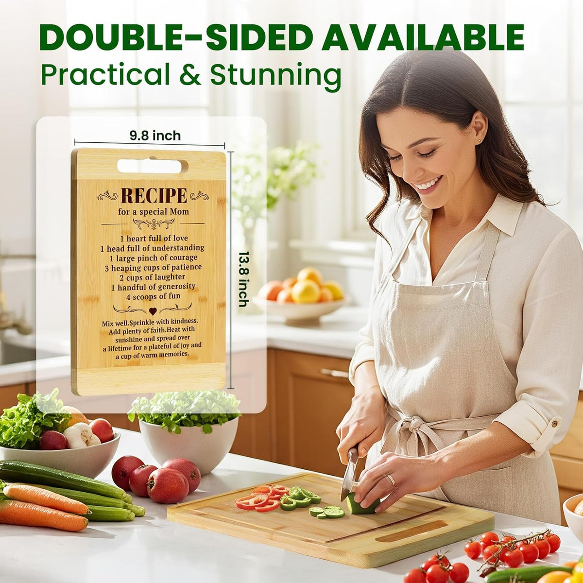 Kikcoin Mom Birthday Gifts - Bamboo Cutting Boards for Kitchen, Mothers Day Cutting Board Gift from Daughter Son, Thanksgiving Christmas Gifts for New Mom, Large Cutting Board 13.8" X 9.8"