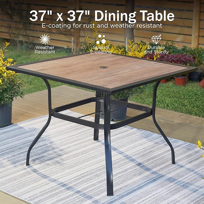 PHI VILLA 5 Pieces Outdoor Dining Set for 4, 37" Square Wood-top Metal Table & Wrought Iron Chairs, All Weather Large Outside Furniture with Cushions & Pillows for Patio, Deck, Porch