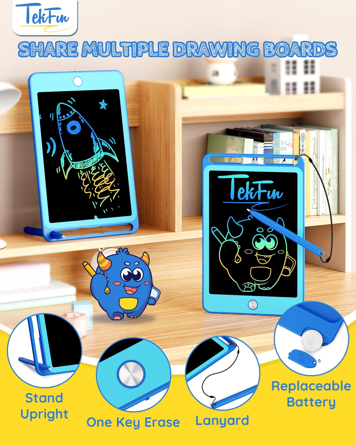 TEKFUN 2 Pack LCD Writing Tablet for Kids, 8.5 Inch Blue+Blue Doodle Board Drawing Board Reusable Drawing Tablet with Lanyard, Educational Kids Toddler Toys Birthday Gift for Boys Girls 3-12 Years Old