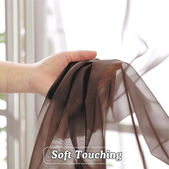 OVZME Elegant Voile Panels - Solid Color Sheer 96" Length Window Curtains, Chocolate, 2 Panels=84" W