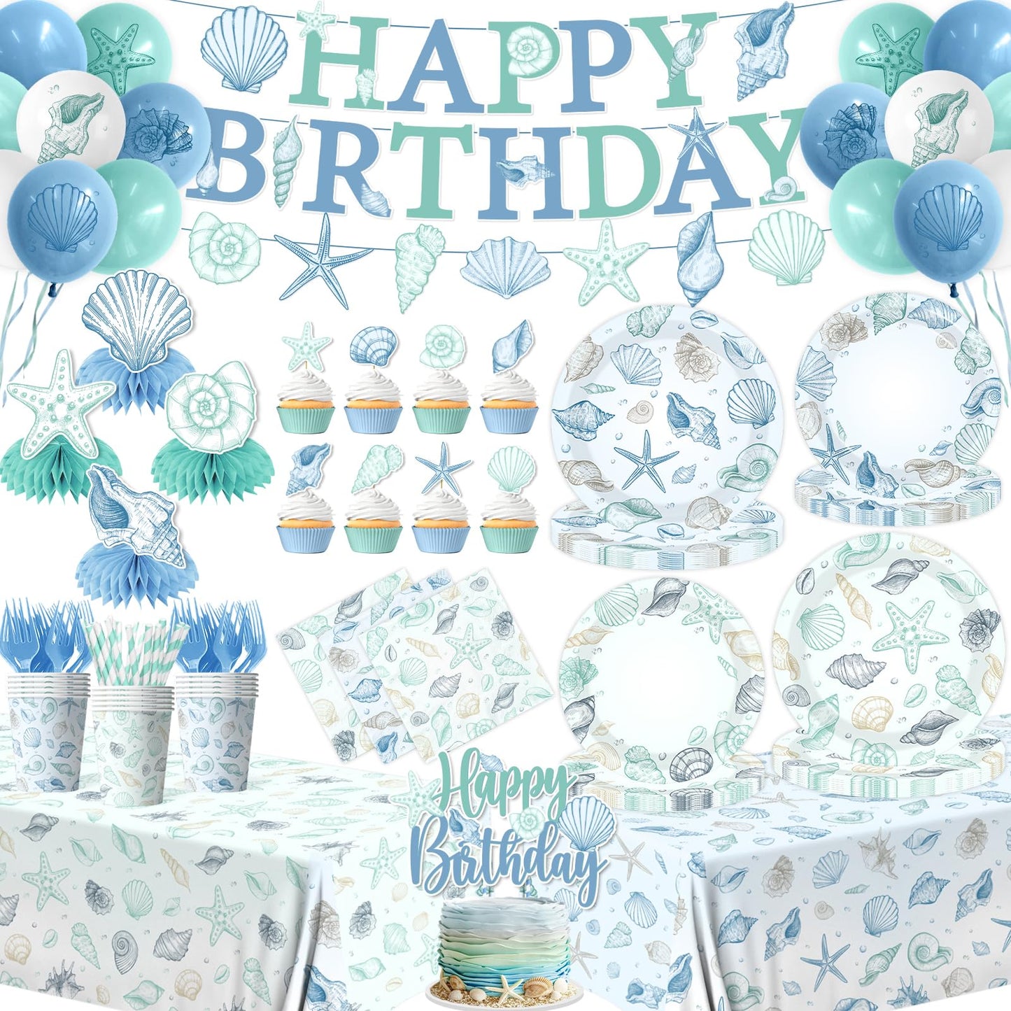 Seashell Birthday Decorations,190pcs Beach Party Supplies Coastal Party Decorations Plates and Napkins Cups Tablecloths,Cake Topper,Balloon for Ocean Theme Birthday Decorations,Serves 24