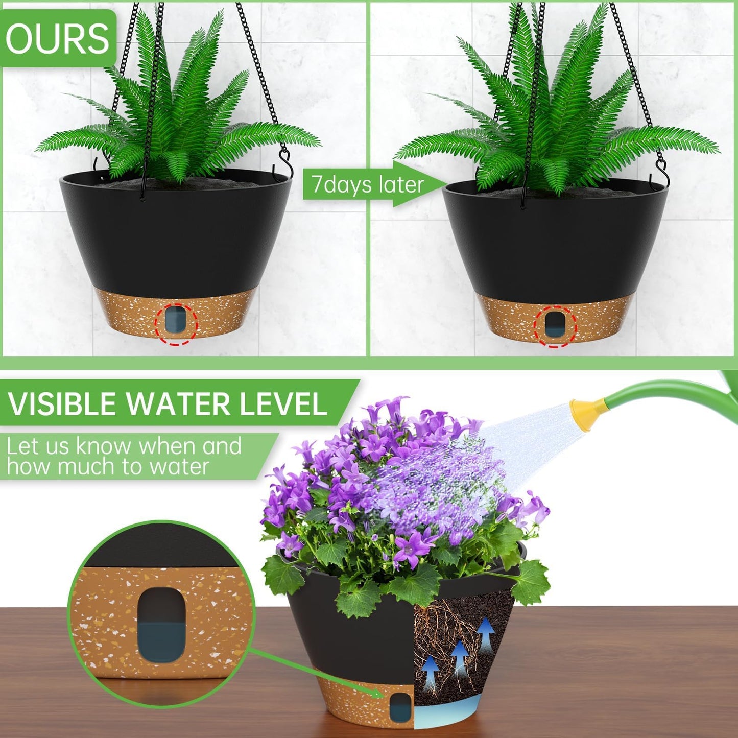 ZMTECH 2 Pack 10 Inch Hanging Planters for Indoor Plants, Modern Gray Hanging Planter with Visible Water Level Window & Metal Chain, Decorative Plant Hanger Indoor for Spring Balcony Decor