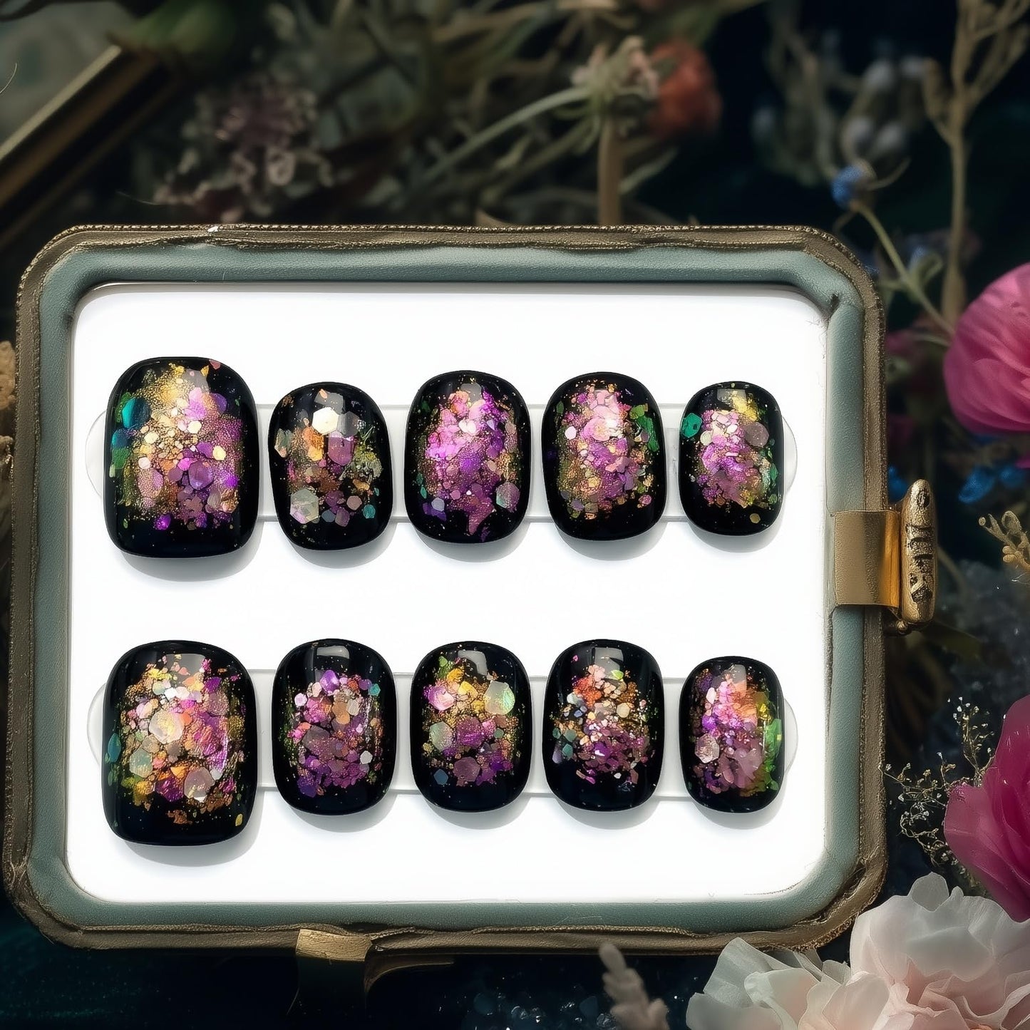 Fine Point Handmade Press-On Nails 10 PCS, Black Prism Short Squoval Nails, Iridescent Aurora Opal Foil Flake Glitter on Jet Black, Glossy Glass Shine Reusable, All Inclusive Kit (Size Medium)