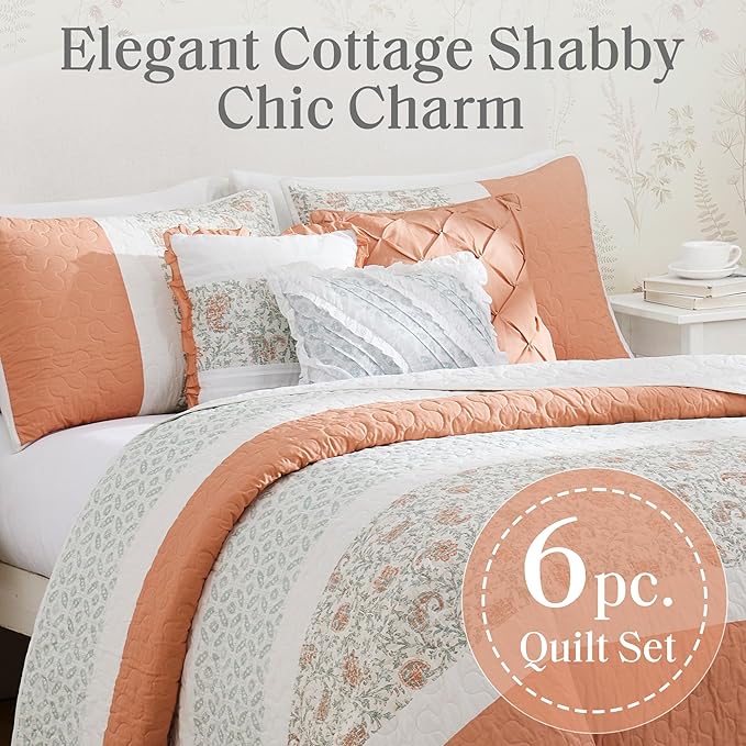 Madison Park 100% Cotton Quilt Set Floral Print, Double Sided Stitching, All Season, Lightweight Coverlet Shabby Chic Bedding Layer, Matching Shams, Full/Queen, Coral 6 Piece