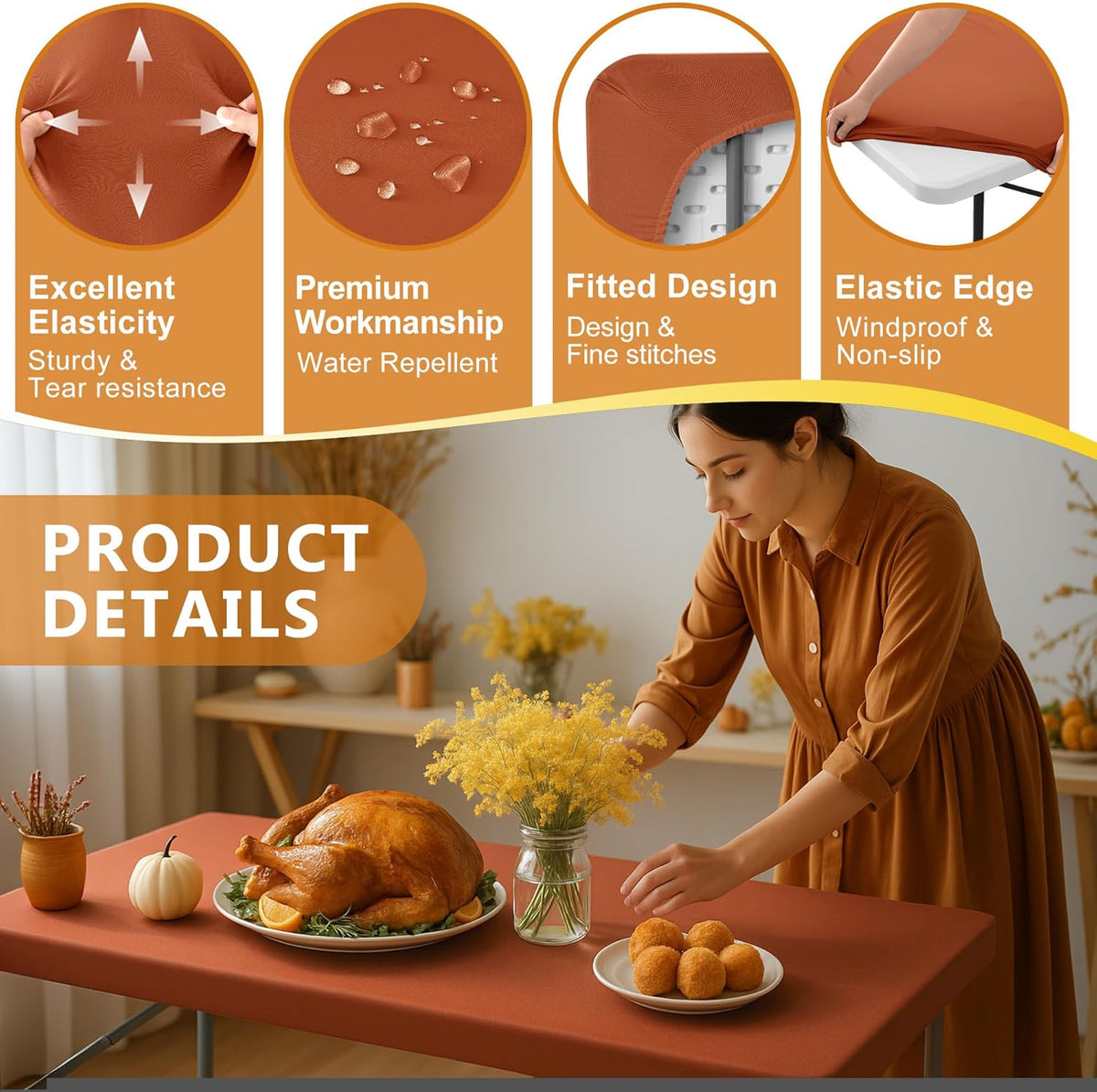 Fitted Tablecloth for 8 Foot Rectangle Tables-6 Pack Rust Elastic Outdoor Picnic Table Cover-Spandex Stretch Folding Table Cloths 8ft for Camping Dining Room Patio Kitchen Banquet Party