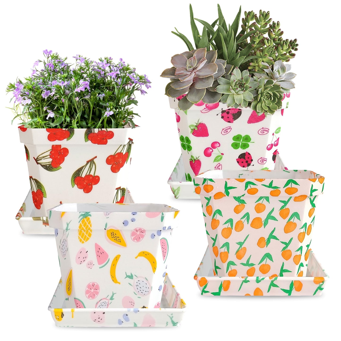 Plant Pots 4 Inch Square Plastic Decoration,Flower Pots Retro Design,Flower Pot with Drain Hole and Tray,for Outdoor Indoor Garden Home Plants (Fruit,4pcs)