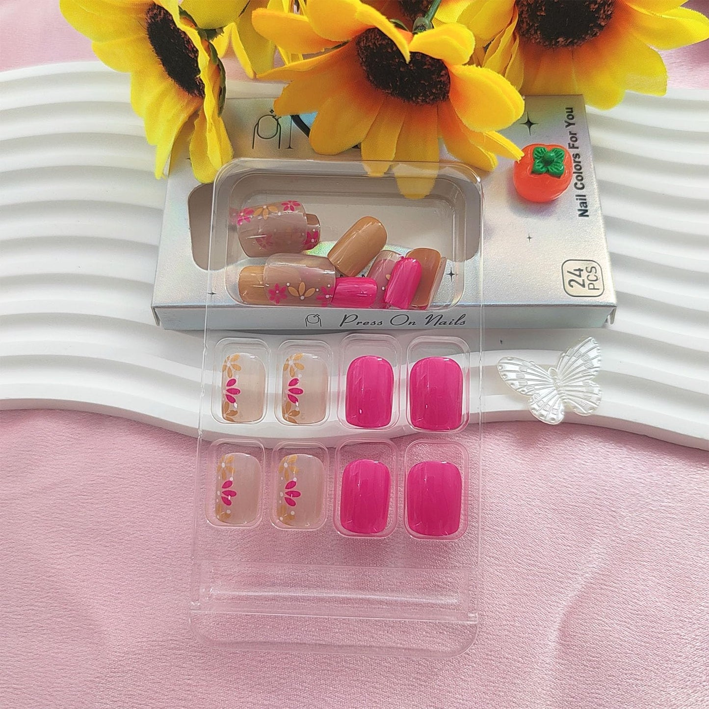 Spring Press on Nails Square Fake Nails with Flower Designs Pink Nails Press ons Yellow Acrylic Nails Glossy Glue on Nails Spring False Nails Artificial Stick on Nails for Women 24Pcs