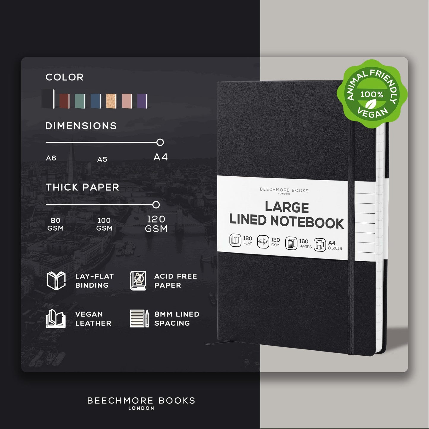 BEECHMORE BOOKS Large Lined Journal Notebook, 8.5" x 11.5" (A4) Hardcover Vegan Leather Executive Diary for Work, Thick 120gsm Paper, Lay-Flat Binding, Gift Box