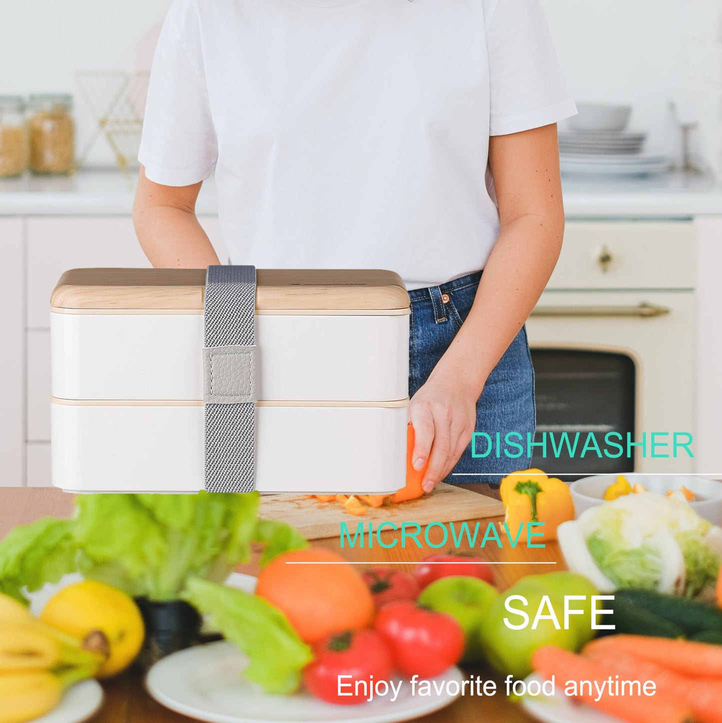 Binoster Original Bento Box Lunch Box Japanese Style 2 Layer Food Containers with Utensils Spoon and Fork Bundle Divider Salad Box for Men Women(White)