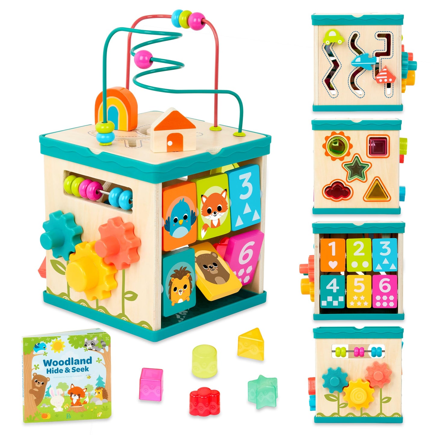 B. toys – Tabletop Activity Cube – Educational Storybook Included – Wooden Shape Sorter, Bead Maze, Animal Tiles – Top Flips for Compact Storage – 12+ Months – Lil' Learning Cube