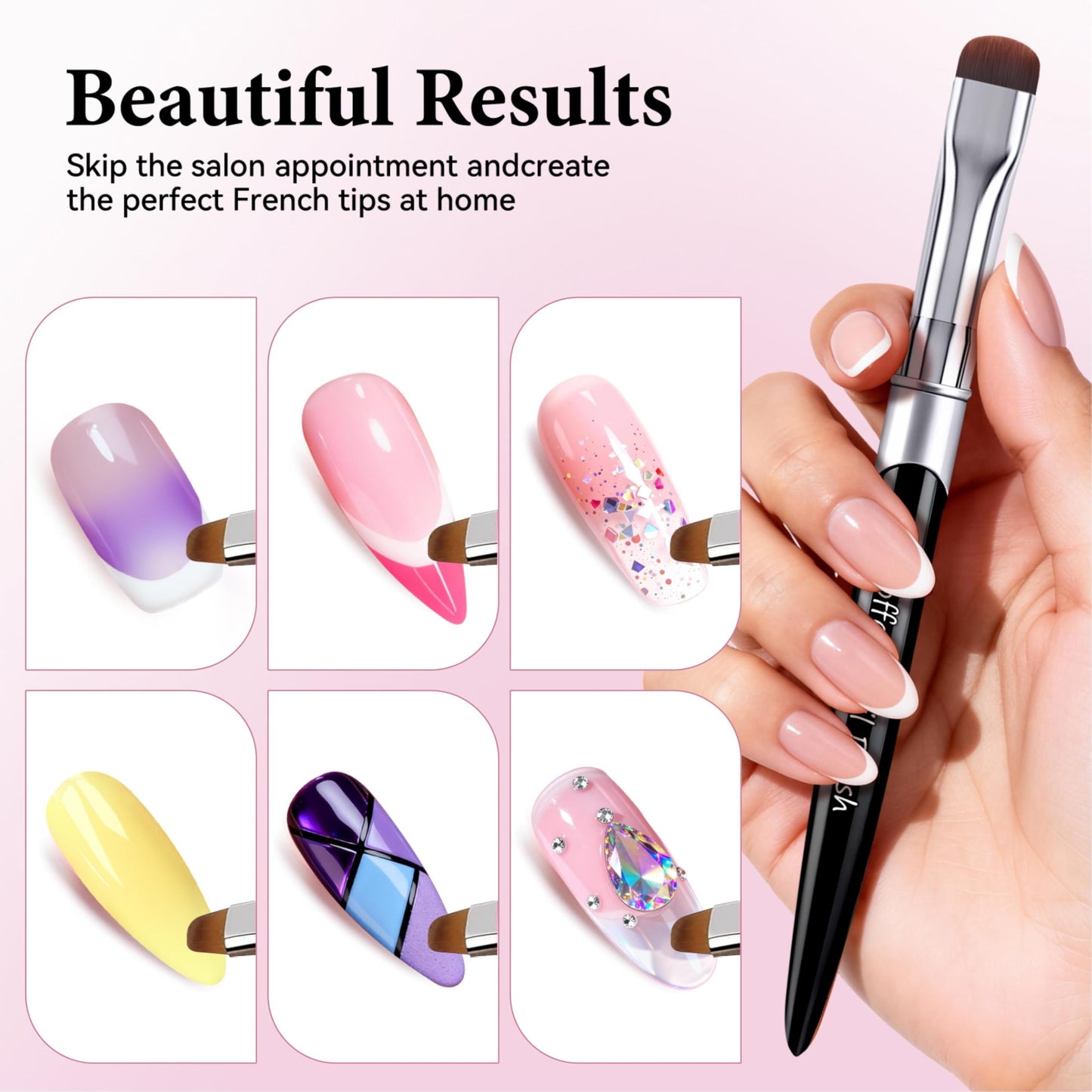 French Brush for Nails & Gel Polish Clean Up, Dual-Use Metal Handle Nail Art Brush with Cap for French Tips, Acrylic, Polygel | Professional Manicure Tool (Black)