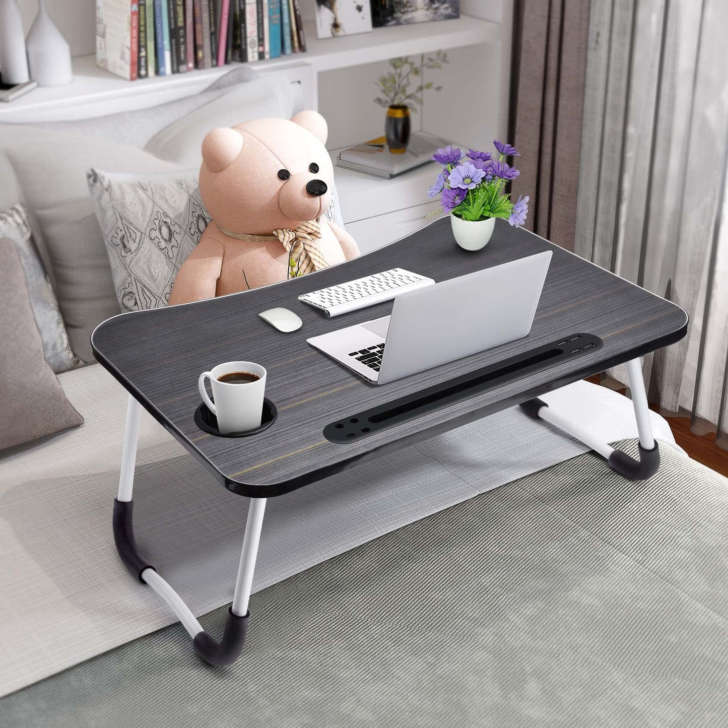 Slendor Lap Desk with Cup Holder, Foldable Laptop Table for Bed, Portable Bed Desk for Laptop and Writing, Computer Tray with Tablet Slot, Notebook Stand Reading Holder for Couch Sofa Floor,Black