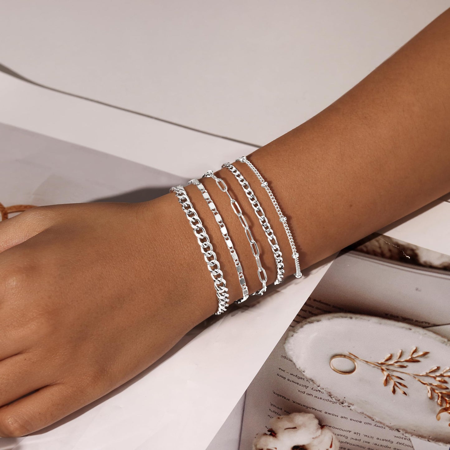 Gokeey Sterling Silver Bracelets for Women Non Tarnish, Stackable Silver Dainty Figaro Paperclip Cuban Link Chain Bracelet Stack Set Pack for Women Trendy Simple Silver Jewelry Gifts