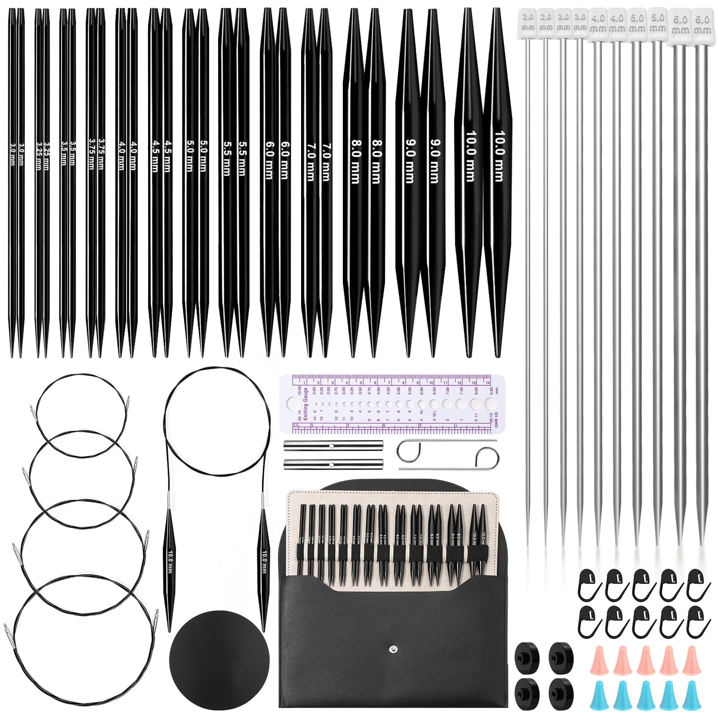 13 Pairs Interchangeable Knitting Needles Set with 4 Flexible Cables, Portable Circular Knitting Needles, 3-10 mm Smooth Aluminum Knitting Needle Kit for Beginner Projects Travel Home Knitting