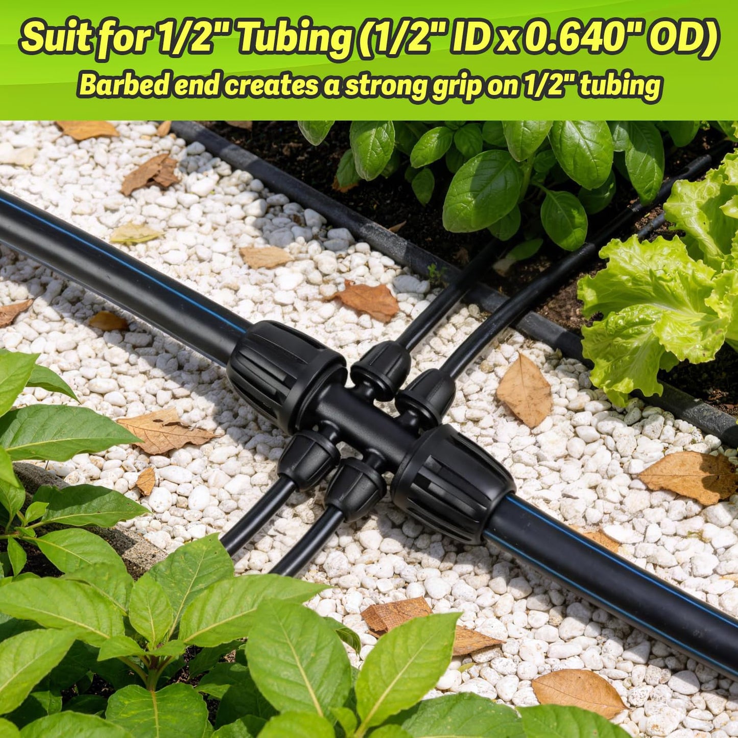 Copadri 12 Pcs 1/2 Inch To 1/4 Inch Irrigation Tubing Fittings, 1/2"(1/2" ID x 0.65" OD) To 1/4" Drip Barbed Tee Adapter 16mm Anti-Drop Locked Nut T Reducer To 1/4" Distribution Line Connector