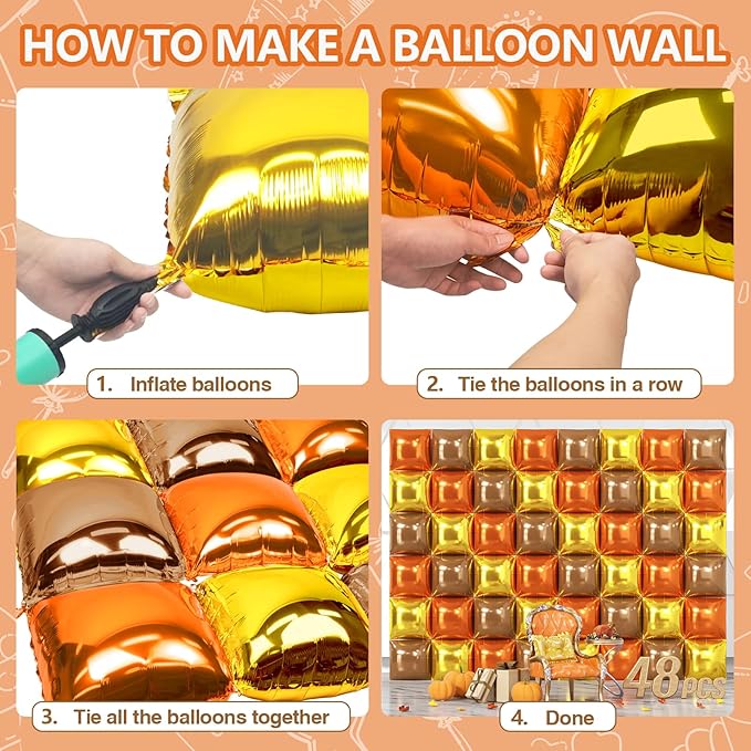 NISOCY 48PCS Orange Gold Brown Square Foil Balloons Wall Backdrop Metallic Autumn Fall Balloons Arch Kit for Thanksgiving Friendsgiving Birthday Halloween Baby Shower Fall Color Party Decorations