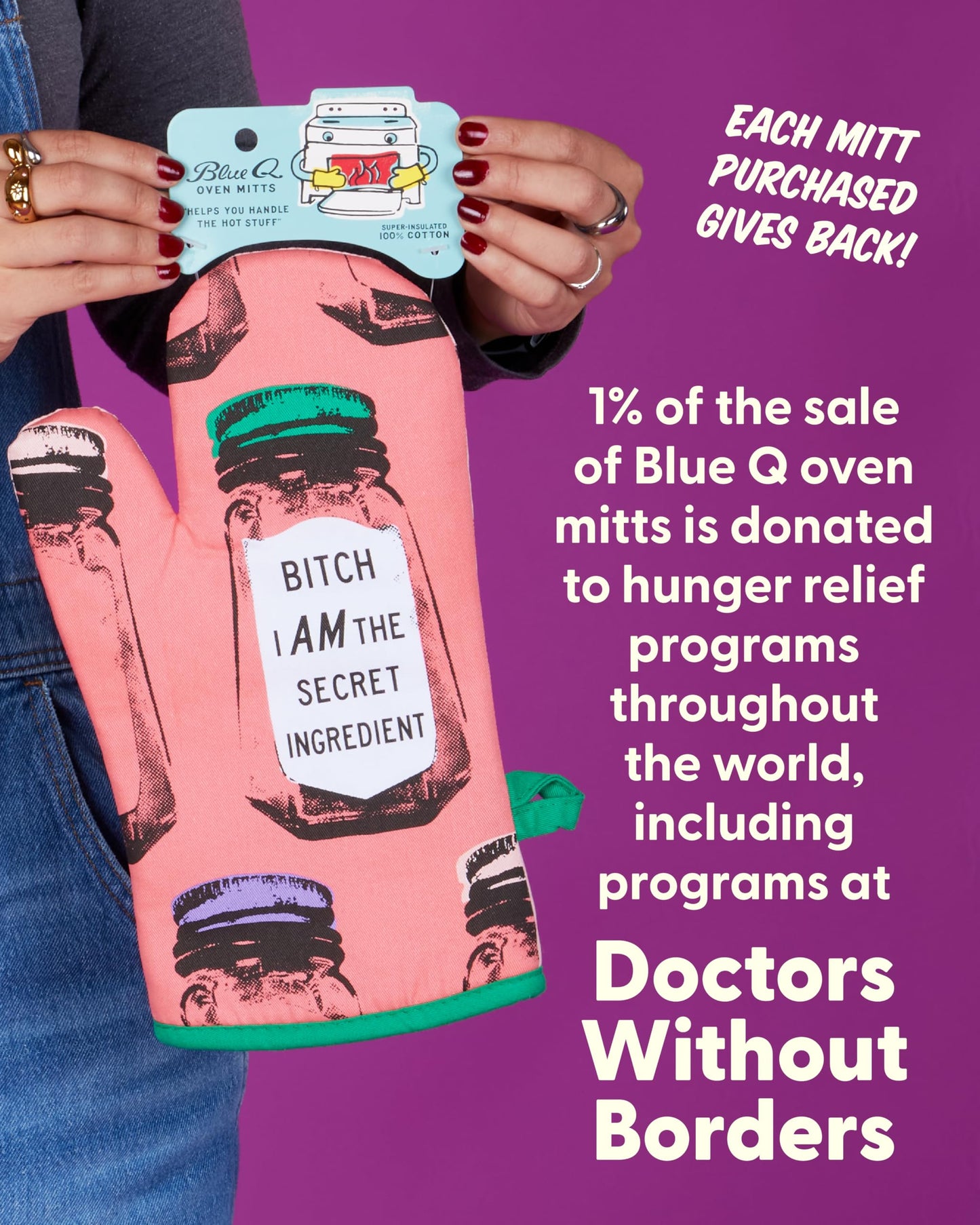 Blue Q B*tch I Am The Secret Ingredient Funny Oven Mitts, Home Kitchen Gifts, Cooking Accessories, Super-Insulated Quilting, Comfy Natural-Fitting Shape, Pot Holders, 100% Cotton, Size 12.5"L x 7.5"W