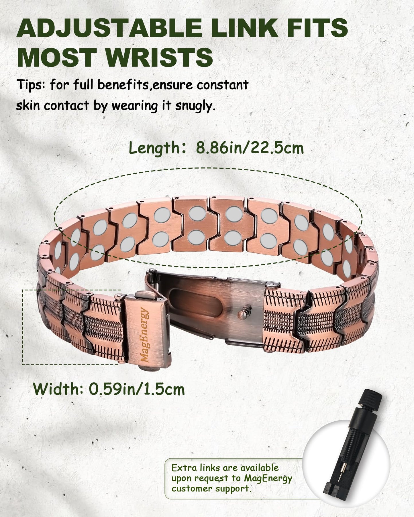 MagEnergy Copper Bracelet for Men, Strength Magnetic Bracelet with 3800 Gauss Magnets, 99.99% Copper, Adjustable Length with Sizing Tool, Premium Fold-Over Clasp