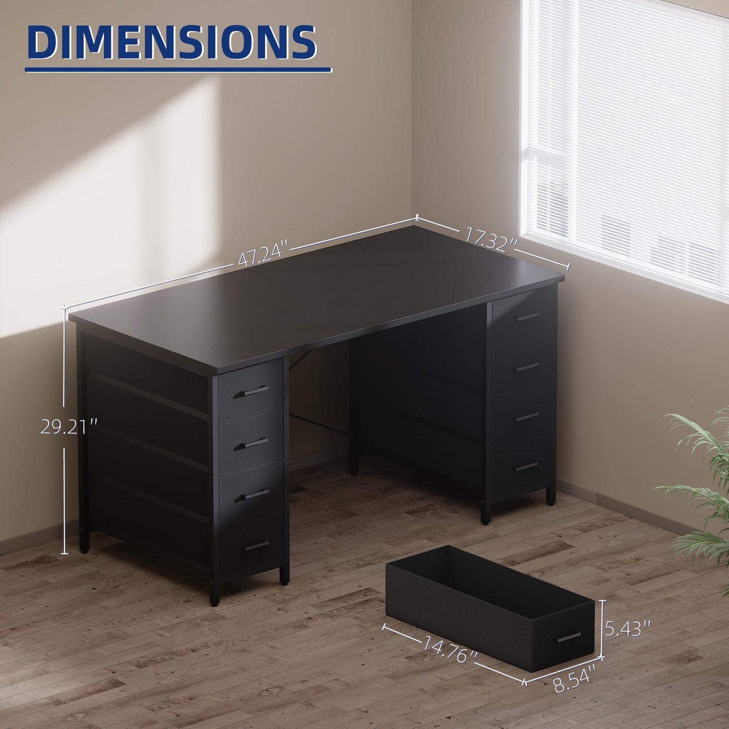 Pamray 47 Inch Computer Desk with 8 Fabric Drawers PC Gaming Desk Home Office Study Work Writing Table for Bedroom Pink