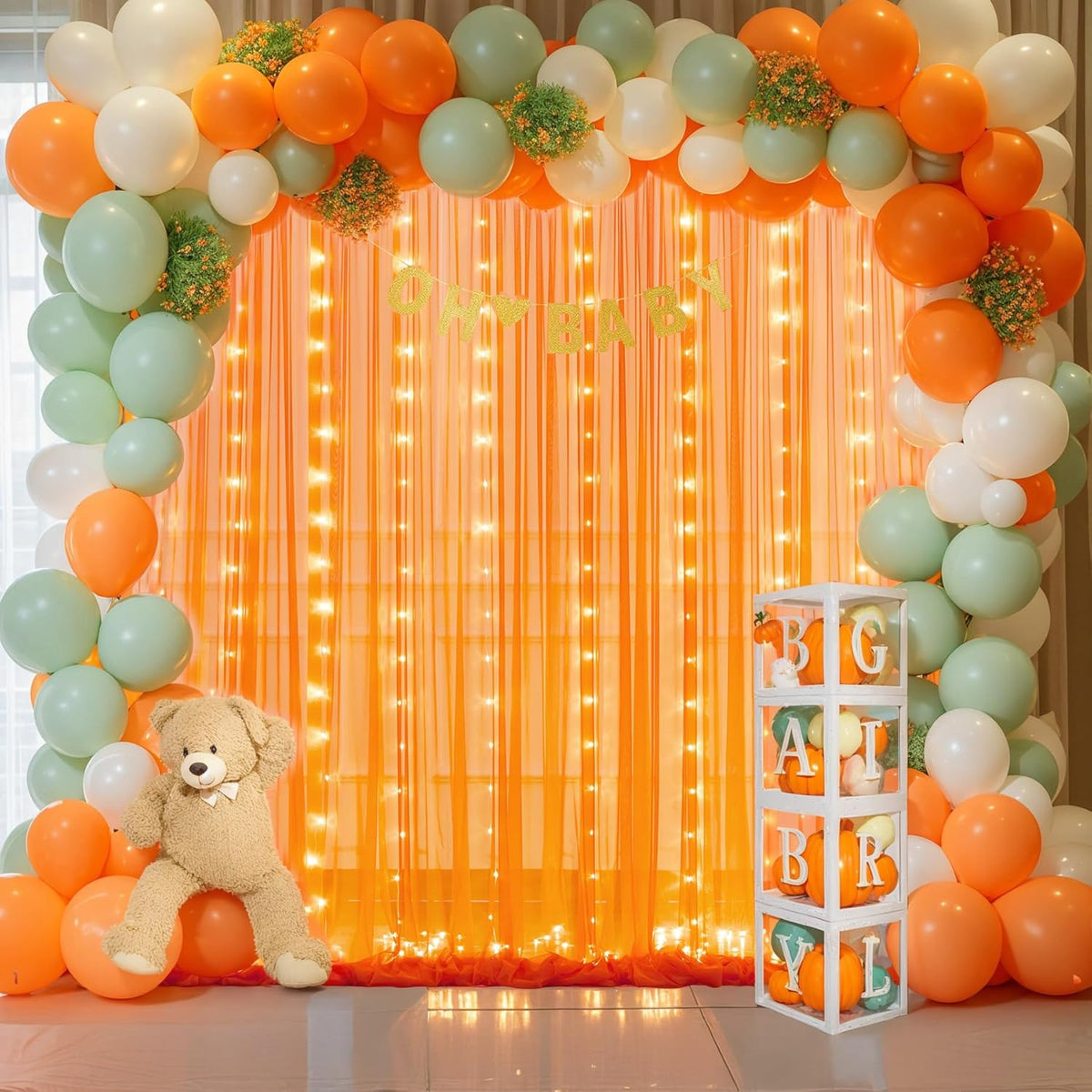 Orange Tulle Backdrop Curtain with Lights String for Parites 10x8ft Sheer Backdrop Curtains Drapes for Birthday Party Baby Shower Wedding Ceremony Prom Halloween Photo Booth Background Decorations
