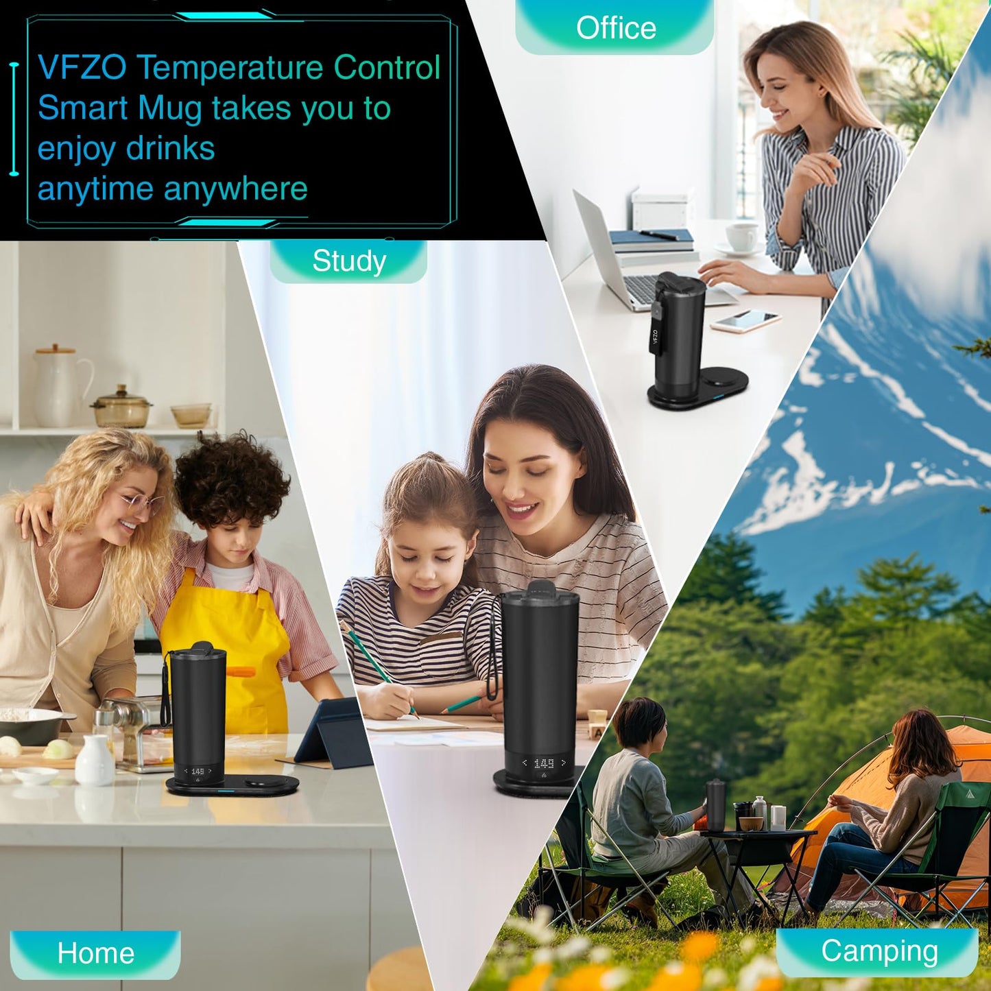 VFZO Temperature Control Heated Travel Mug Smart Self Heating Coffee Mug 20 Oz App Controlled LED Display coffee serving sets mug kept at a constant temperature for 4-10 hours (Black, 20 oz)