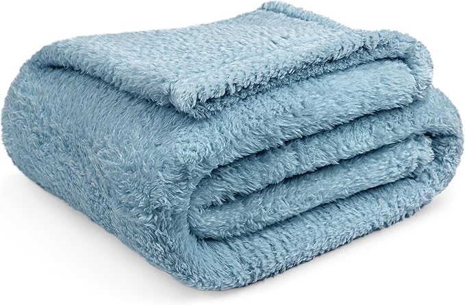 PAVILIA Sherpa Throw Blanket for Couch Sofa, Dusty Slate Blue Fluffy Warm Plush Blanket for Bed, Cozy Super Soft Lightweight Throw, Fuzzy Decorative Blanket, All Season Home, 50x60