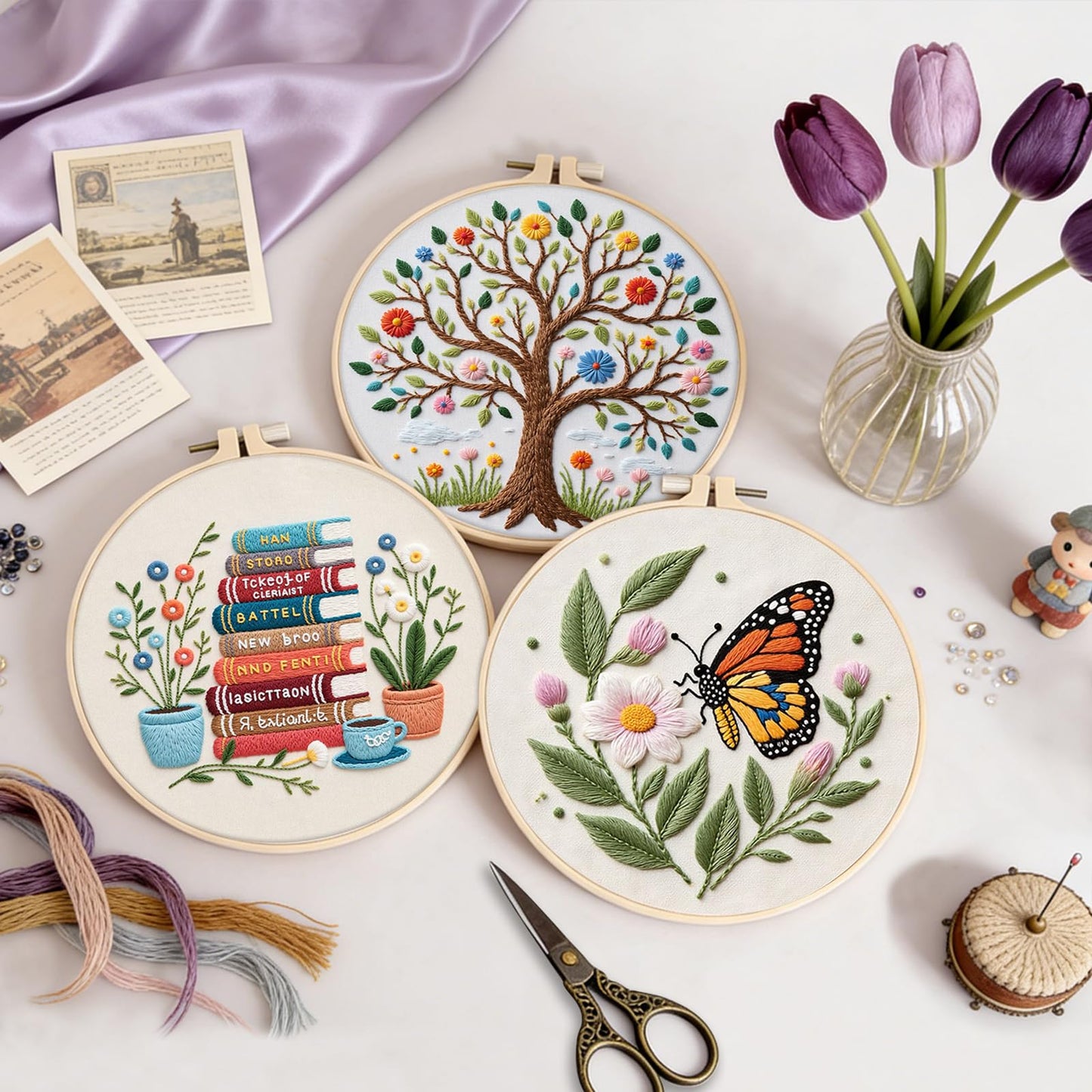 3 Sets Embroidery Kit for Beginners with Stitch Video, Flower Butterfly Tree Books Cross Stitch Kits for Adults, Needle Point Kits with Stamped Pattern, Hoop, Needles, Tools, DIY Arts and Crafts