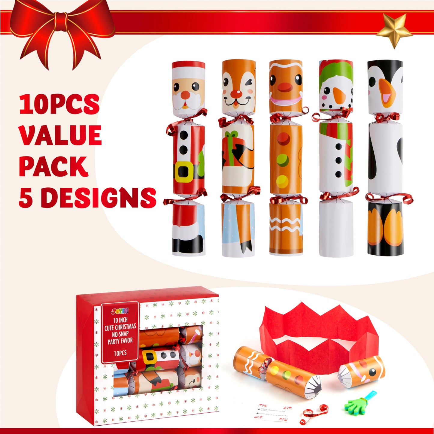 JOYIN 10 Pack Christmas Non-Snap Party Favor with Cute Characters, Includes Party Hat, Joke & Gift, Christmas Table Decorations for Holiday Dinner Traditions Supplies, Stocking Stuffers for Kids