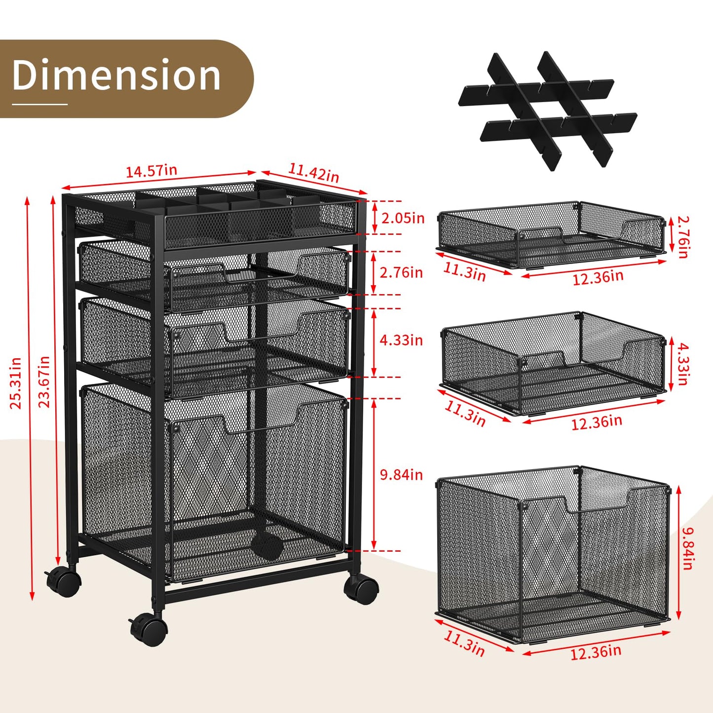 Rolling File Cart with 3 Storage Drawers, Under Desk Filing Cabinet with DIY Divider, Hanging File Folder Organizer on Wheels, Fits A4/Letter Size, Metal Utility Cart for Home Office, Black