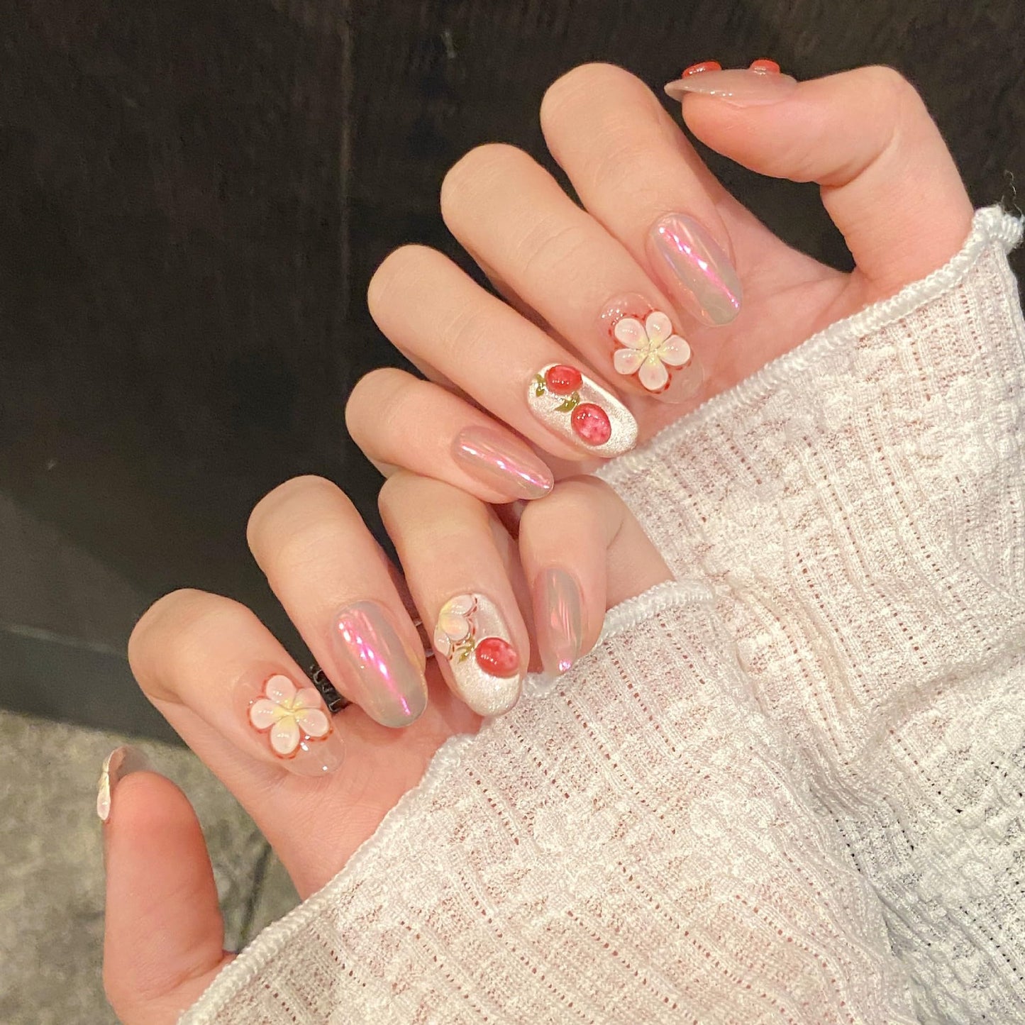 TENPAL Press on Nails 10Pcs with Tools Kit,3D Strawberry Spring Summer Pink Aurora Fake Nails,Cute Floral Almond Short Nails,Full Cover False Nails Simple Blush Glue on Nails Sweet Summer Nails(M)