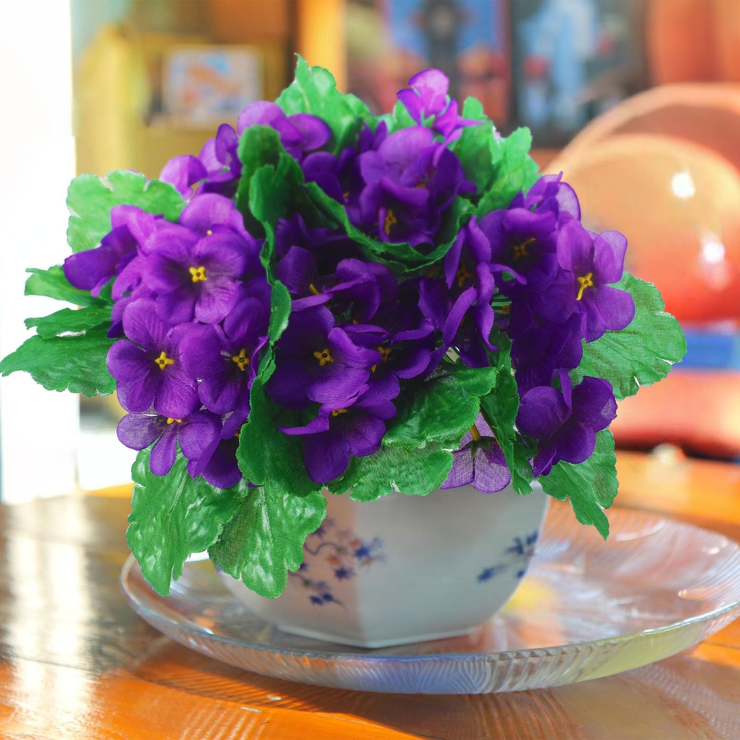 Suncalla 6 Pack Purple African Violet Artificial Silk Flower Bushes Individual Artificial Violet Flowers Houseplant(Purple)