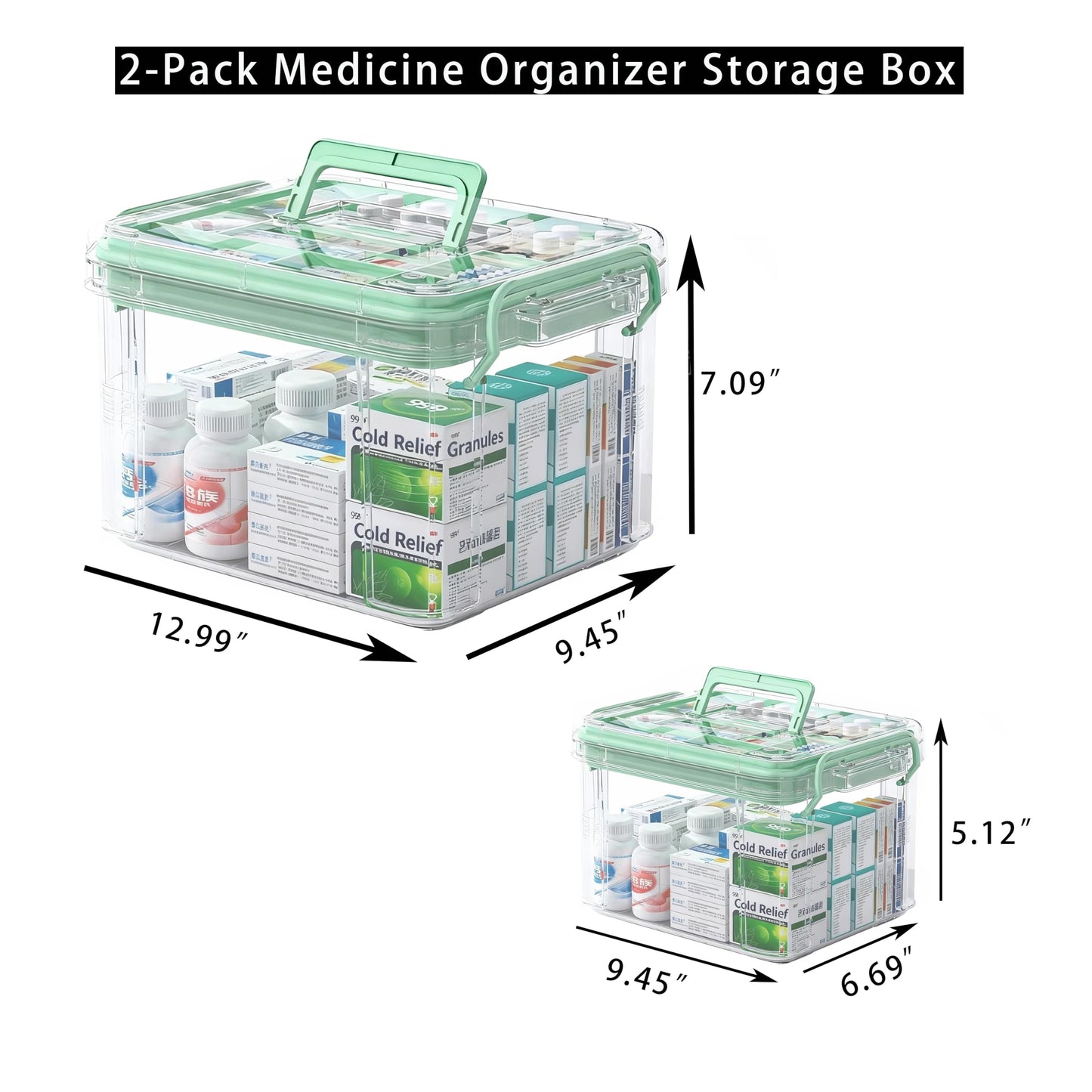 UFI Clear Medicine Storage Box with Lids, 2 Pack Portable First Aid Organizer with Handle, Stackable Storage Containers for Family Medical Supplies, Bathroom, Bedroom, Office(GREEN)