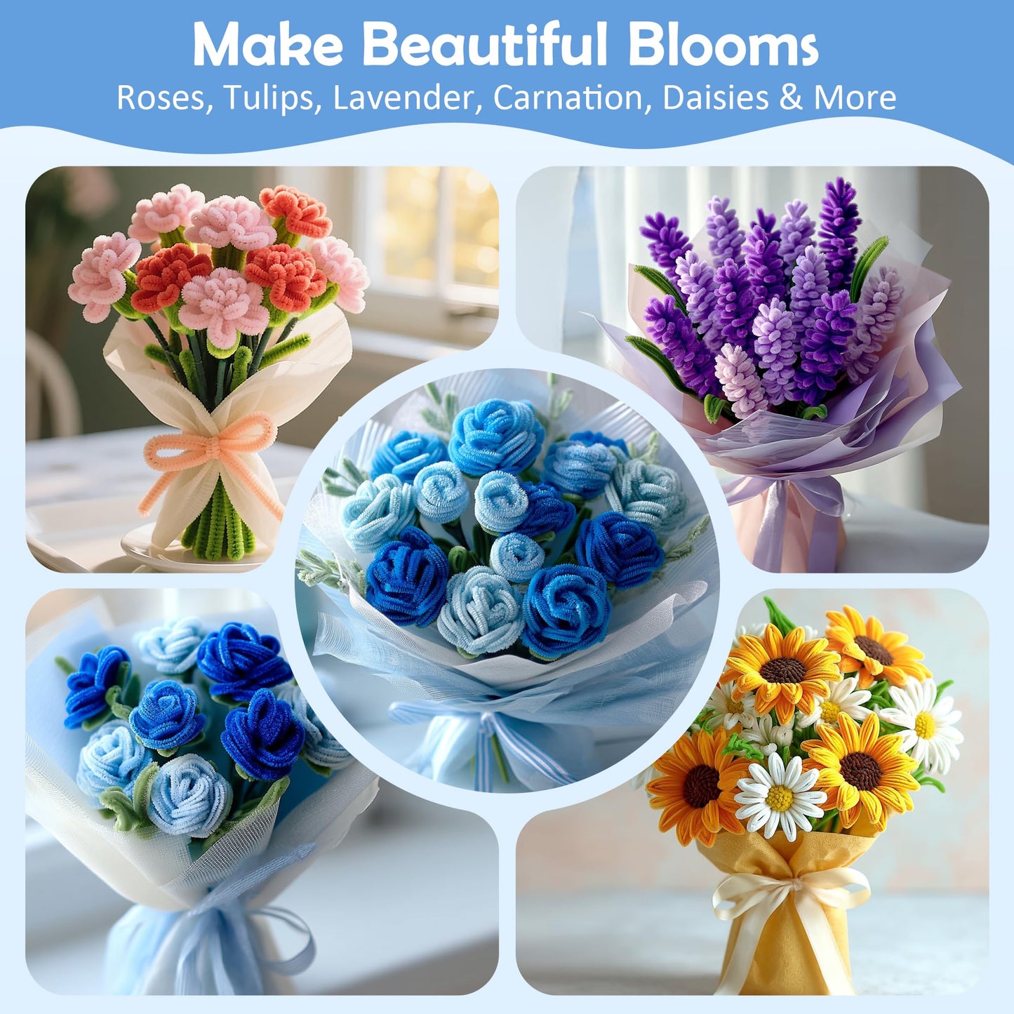 EARLY MINDS 500 Pcs Pipe Cleaners Craft Kit for Flower Making, DIY Bouquet Set with 8mm Chenille Stems, Step-by-Step Tutorial, Floral Wire, Ribbon & Tools for Handmade Gifts and Decor, Blue