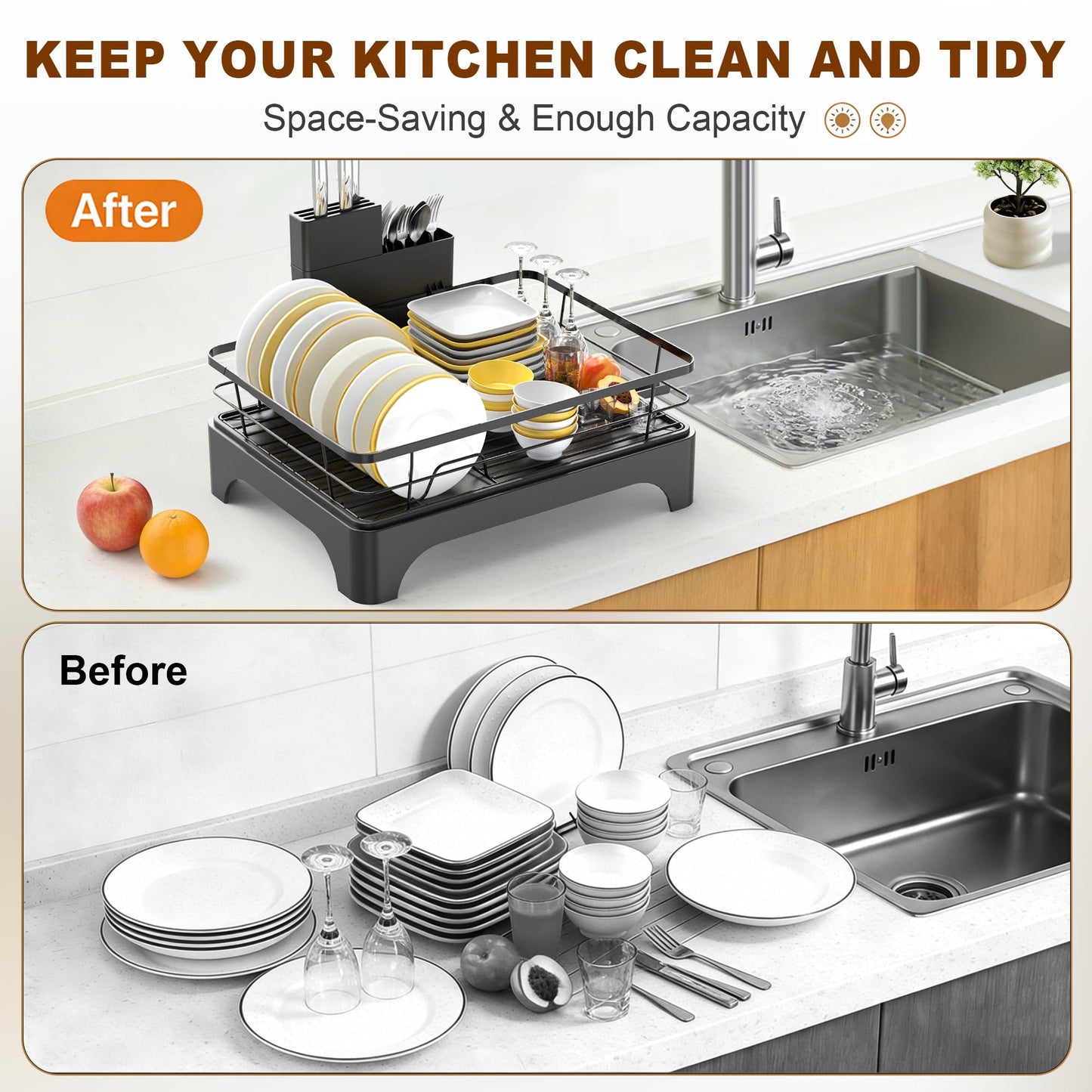 OERPHO Dish Drying Rack for Kitchen Counter, Dish Rack, Dish Drainer for Kitchen with Built-in Drain, Stainless Steel Sink Organization and Storage Essentials with Cutlery Holder (17" x 13.4", Black)