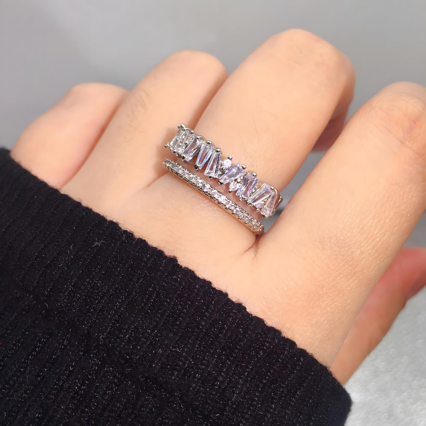 VOPIPO Dainty Double Cubic Zirconia Open Finger Rings for Women Silver Rings Adjustable Trend CZ Rings Personalized Minimalist Stacking Statement Rings Jewelry Gifts