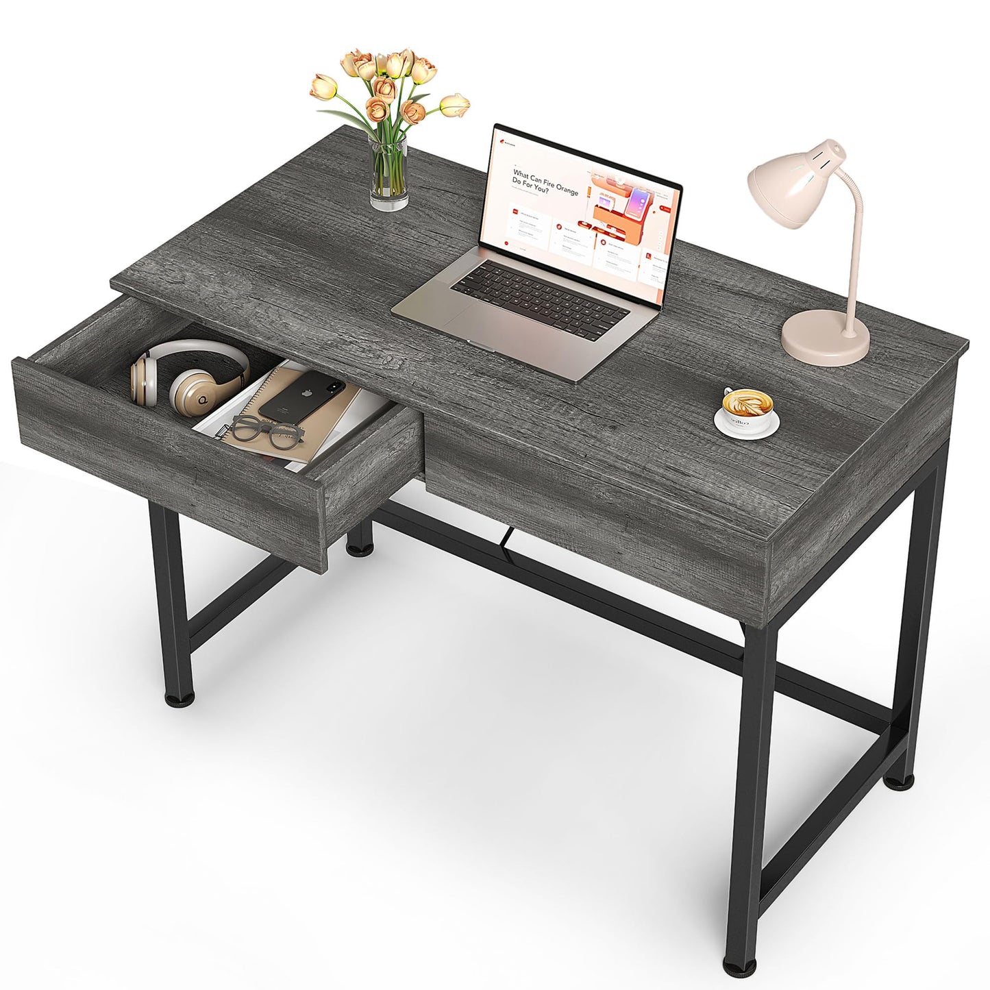 Mexin Small Desk with 2 Wooden Drawers, 40 Inch Home Office Writing Desk, Vanity Desk with Storage, Computer Desk for Bedroom Small Spaces, Table for Office, Work, Kids Study, Makeup, Gray Oak