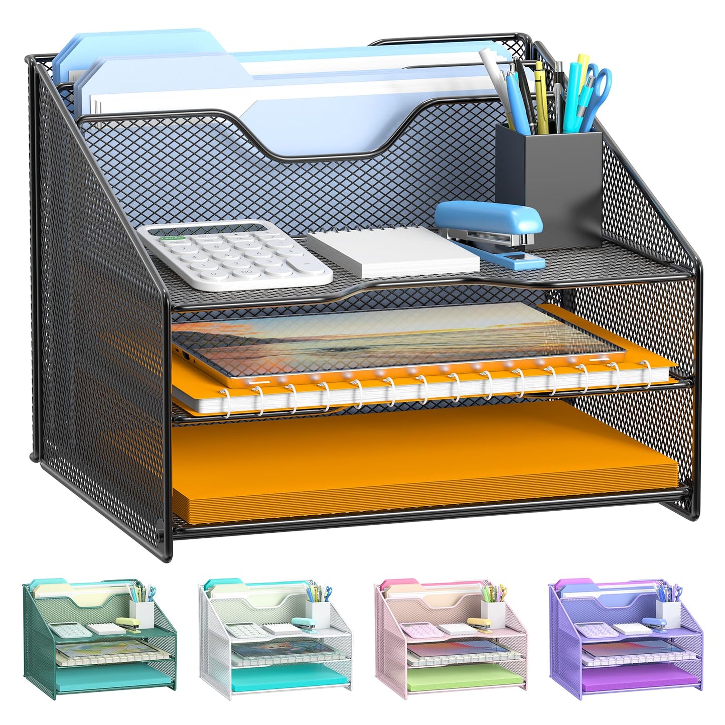 Samstar Desk File Organizer, Mesh Letter File Folder Holder with 3 Paper Trays and 2 Vertical Upright Section, for Office Supplies,Desk Accessories & Workspace,Black.
