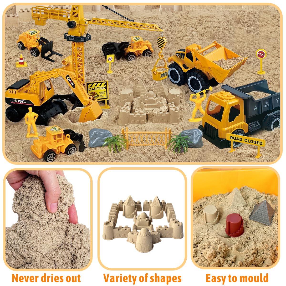 BEIREG Construction Sensory Sand Kit - 42 PCS Building Set with 2lbs Magic Sand, 9 Construction Trucks, Foldable Roof Sandbox, Cranes, Road Signs & Tools | STEM Gift for Boys Ages 3-8