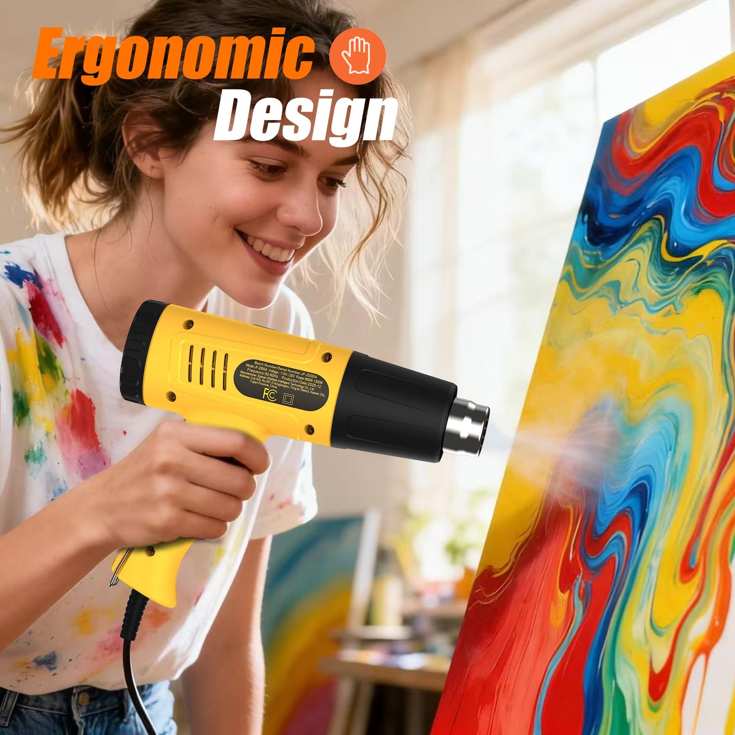 Heat Gun 1300W for Vinyl Wrap,Crafting,Shrink Tubing,Paint,Epoxy Resin,Candle Making,Adjustable Temperature,Overload Protection Hot Air Gun Kit Nozzles (Yellow, Two-Gear Button Temperature Control)